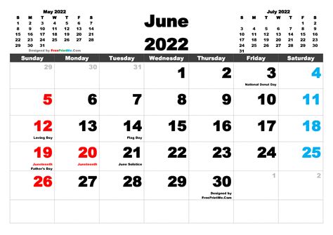 June 2022 Calendar With Holidays Printable